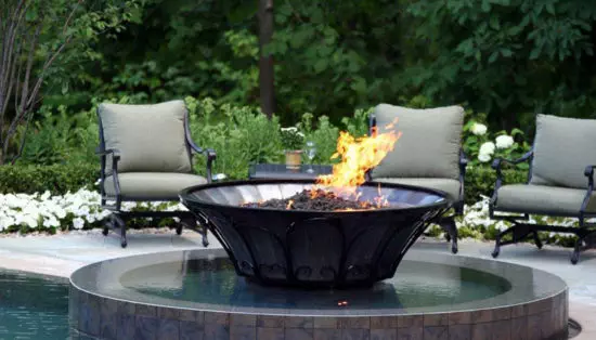 propane fire bowl surrounded by water